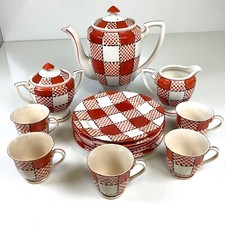 Vtg 14 Pc Set Kikusui Japan CHECKERS Red Orange Ceramic Pitcher Creamer ++ MCM picture
