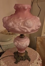 VTG FENTON PUFFY ROSE Hurricane Lamp White / Pink Cased Glass 18.5” Tall picture