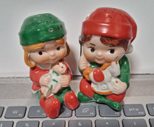 Vintage Christmas Ceramic Avon Boy & Girl Salt & Pepper Shakers2 PC Set, 1983 picture