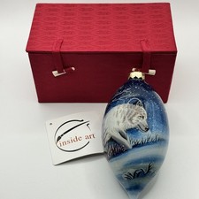 Vintage 2001 FIGI Inside Art Winter Wolf Reverse Painted Glass Ornament w/Box picture