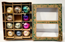 Vintage Box & 11 Old Shiny Brite Glass Ornament Balls Striped, Stenciled, Solids picture