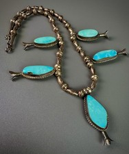 Vintage Navajo Sterling Silver GEM MORENCI Turquoise Squash Blossom Necklace 🤩 picture