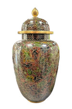 VINATGE CLOISSONNE COVERED BRASS URN WITH FINIAL ORNATE FLORAL DECORATION picture