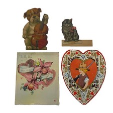 Lot Of 4 1920s-40s Valentine Die Cut Mechanical Bulldog Cello Cat Boy Hunter picture