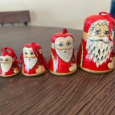 4 VTG Wood Bells Santa Christmas Hand Painted Graduated Sizes Ornaments Crafted picture