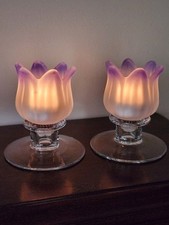 Set of 2 Partylite Tulip Frosted Glass Purple Peglite Votives With Clear Holders picture