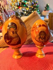VTG 2 LARGE RUSSIAN LAQUER HAND PAINTED 2 SIDED EGGS ON STANDS RELIGIOUS  1995 picture