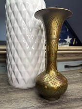 VTG Hand-Etched and Enameled Solid Brass Vase made in India, Excellent Shape picture