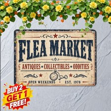 Vintage Flea Market Antiques Sign Rustic Curio Shop Decor Metal Tin Plaque picture