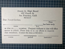 Vintage Everett Jr High SchoolAttendance CARD SanFrancisco 1968 5C Lincoln UX55 picture