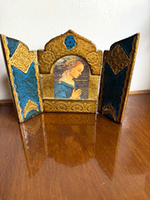 Vintage Folding Christian Triptych Virgin Mary Gold & Blue Hinged Panel picture