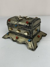 Vintage Moroccan Brass Jewelry Box Velvet Lined Trinket Chest picture