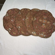 Vintage 1970s Embroidered Placemats Set 4 Metallic Gold Floral European 17x11 picture