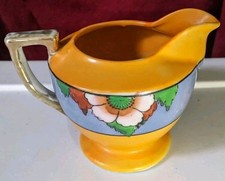 Vtg Pre-War Japanese Lusterware Creamer Pitcher Blue Orange Floral Bird Japan 4” picture