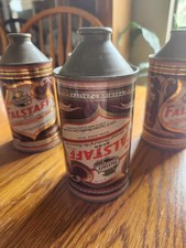 Lot of 4 vintage Falstaff cone top beer cans. One is a very upside-down misprint picture