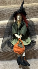 Halloween Vtg Witch Fabric Doll  28” Black  Hat  Dress Lace Pumpkin Bag Folk Art picture