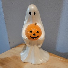 Vintage 1980s Ceramic Ghost Holding Pumpkin Hobby Painted Mold Figure picture