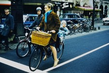 c1960's Kodachrome 35mm Slide, Woman Bicycle Baby, Kiosken Bristol blue mid picture
