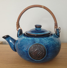 Vintage Blue Studio Pottery Teapot - 1980s glazed ceramic - textured medallion picture