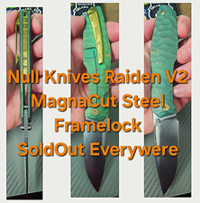 Null Knives Raiden R2 MagnaCut Drop Point Plain Titanium Frame Lock Knife Green picture