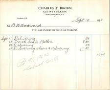 1923 Charles T. Brown Auto Trucking Warrensburgh NY Invoice Letterhead picture