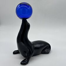 Vintage Black Glossy Ceramic Seal Balancing Glass Cobalt Blue Ball On Nose AS IS picture