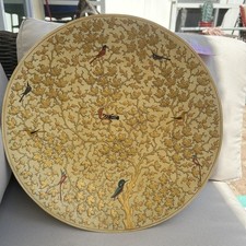 Vintage India Art Painted Bowl Dish By Jaffar Ali - Golden Leaves Birds Tree picture