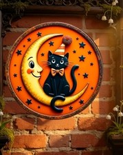 Black Cat Moon Halloween Metal Wall Sign Round Witchy Gothic Decor 8 Inch 🐈⬛🌙 picture