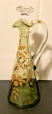 Vintage Olive Green Glass/Gold Trim Cherry/Berry Foilage Carafe Decanter/Pitcher picture