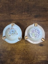 Vtg Hand Painted Porcelain Personal Ashtrays Set 2 Signed Cresswell Floral Gold picture
