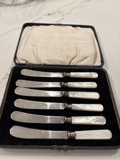 Vtg Set of 6 Mother of Pearl Handled Butter Knives Spreaders in Case 6” picture