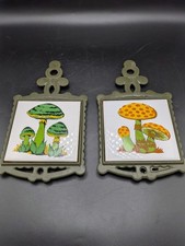 2 VTG Mushrooms Ceramic Tile Cast Iron Hot Plate Trivet TAIWAN Kitchen 70s Green picture