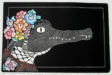 Crocodile with Flower Headdress Woodcut Print Handmade Un-Framed Mexico Folk Art picture