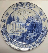 ABSURDLY RARE Porceleyne Fles blue & white Delft plate Garden Party 1919 Utrecht picture