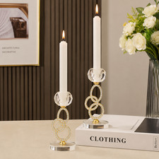 2PC Crystal Candle Holders Gold Silver Metal Taper Candlestick Wedding Decor picture