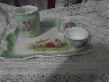Antique Victorian Inkwell, White & mint green plate, 3 cups excellent cond. picture