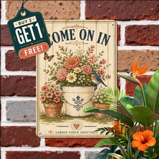 Floral Songbird Welcome Sign Rustic Cottage Garden Meadow Metal Tin Plaque picture