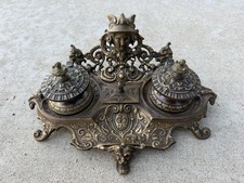 Vintage Ornate Brass Double Inkwell Stand India Writing Desk Pen Accessory picture