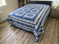 Vintage Hmong Paj Ntaub Applique Bedspread Blue White Spiral Textile 89x105” picture