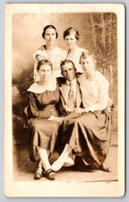 One Man & Four Women, With Two Women on his lap, in Group Real Photo Postcard picture