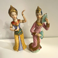 VTG Thai Siamese Style Female Dancer Figurines Pair w/ Fans Hand-Painted 5 in picture