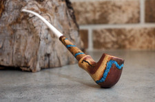 Wooden Tobacco pipe Handmade - Long Smoking Pipe Turquoise Inlay - White Steam picture