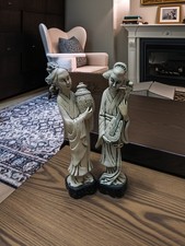 Vintage Mid Century Faux Ivory Resin Asian Figurines Pair 11