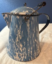 ANTIQUE GRANITE WARE COFFEE BOILER,POT BLUE WHITE SWIRL 11 1/2 