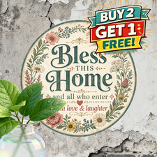 God Bless This Home Heart Emblem Metal Tin Sign Round Wall Decor Plaque 8x8 picture