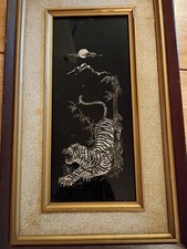 Vintage Korean Mother of Pearl Art Tiger Moon Mountain Lacquer Wall Decor Framed picture