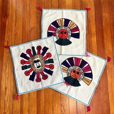 Vintage 1970s Embroidered Sun God Pillow Covers Set Of 3 Peruvian Folk Art picture