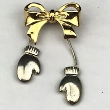 Bow With Dangling Mittens Vintage Pin Brooch Winter Christmas picture