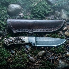 Handcrafted Hunting Knife: Stag Horn Handle Camping, outdoor Gear Leather Sheath picture