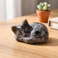 Natural Yooperlite Sleeping Cat Carving UV Glow Crystal Zen Figurine Decor picture